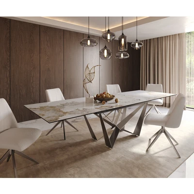 Afbeelding van DELIFE Eetkamertafel Edge 200 300x100 keramiek Minas Melange wit beige spider vlak staal RVS uitschuifbaar