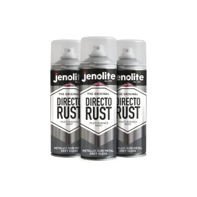 Afbeelding van JENOLITE Directorust Metallic Gun Metal Grey Gloss Spray Paint Direct aanbrengen op roest Primer, ondervacht en topcoat 3 x 400ml