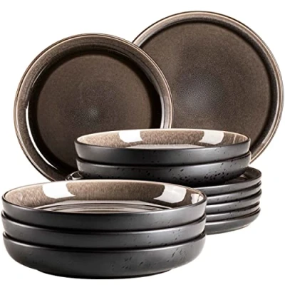 Afbeelding van MÄSER 934021, serie Niara, moderne bordenset voor 6 personen in spannende vintage look, 12 delig tafelservies van keramiek grijs en zwart, aardewerk