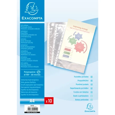 Afbeelding van Exacompta Ref. 5010E Zakje van 10 geperforeerde showtassen in gladde polypropyleen Dikte 6/100e Universele perforatie 11 gaten A4 formaat Kleurloos