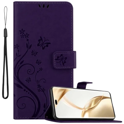 Afbeelding van Cadorabo Hoesje geschikt voor Honor 200 Pro in BLOEMEN DONKER PAARS Beschermhoes bloemmotief met magnetische sluiting, standfunctie en kaartsleuven Book Case Cover Etui