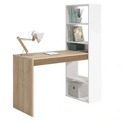 Afbeelding van Omkeerbaar bureau met boekenkast vijf planken, kleur wit en eiken, afmetingen 120 x 144 53 cm
