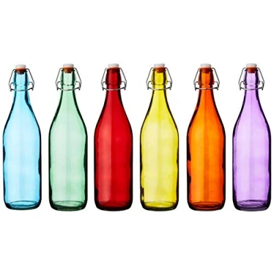Afbeelding van Kleurrijke glazen flessen met beugelsluiting, 1 l, set van 6 stuks, rood, blauw, oranje, groen, geel, paars
