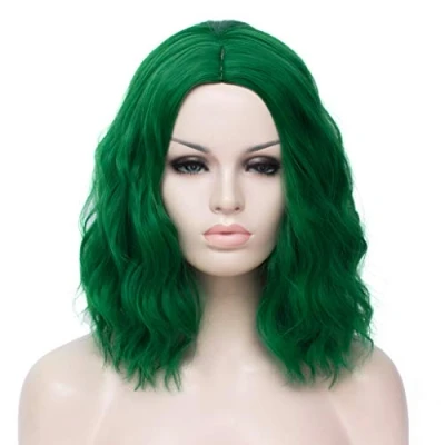 Afbeelding van ATAYOU korte groene bob pruik voor dames, groen, krullend, golvend, Halloween, cosplay, synthetische partypruik