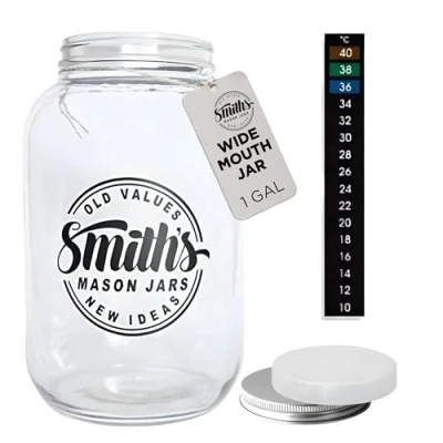 Afbeelding van Smith&#039;s Mason Jar 1 Gallon pot Met Brede Mond 2x Schroefdeksel (Metaal en Kunststof) Deksels Glazen Voor Beitsen, Koekjes Geldopslag, Kombucha Maken Meer