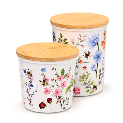 Afbeelding van Nectar Meadows Set of 2 RPET &amp; Bamboo Storage Jars S/M Voorraaddozen