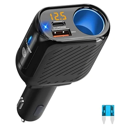 Afbeelding van USB C Auto Sigarettenaansteker Adapter Splitter 150W:Qidoe Dual PD3.0 &amp; QC3.0 12V/24V Stopcontact Autoplader met Voltmeter en Touch Switch voor Telefoon Tablet GPS Dashcam