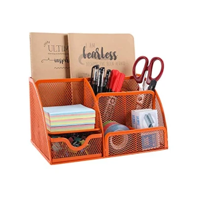 Afbeelding van EasyPAG Office Mesh Bureau Tidy Veelzijdige Briefpapier Opslag Desktop Organizer Pen Houder met Lade, Oranje