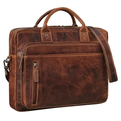 Afbeelding van STILORD &#039;Syd&#039; Business Tas Leer Heren Dames Laptoptas 14 Inch Echt Leren Schoudertas Vintage Aktetas voor Werk en Reizen, Kleur:salerno bruin
