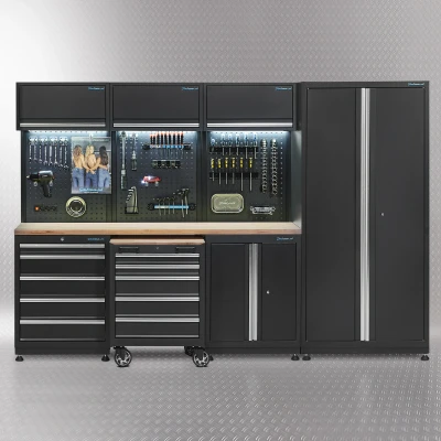 Afbeelding van Datona Werkplaatsinrichting PREMIUM Met Eiken Werkblad 300 Cm Breed (294 x 48 200 cm) Zwart