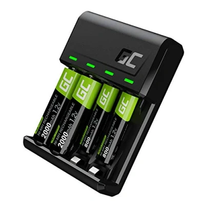 Afbeelding van Green Cell VitalCharger Oplader 2X AA 2000mAh AAA 800mAh voor NI MH R6 R03 Mignon batterij. Met Micro USB C. 4 kanaals laadsysteem laadt vanaf 1 tot of AAA, LED signalisatie
