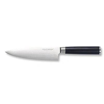 Afbeelding van ECHTWERK Damastmes, keukenmes, koksmes, gebogen scherp lemmet voor nauwkeurig snijden van vlees, vis en groenten, ergonomische handgreep pakka hout, lemmetlengte ca. 18 cm, opbergdoos