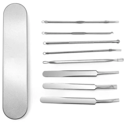 Afbeelding van New Age Devi Blackhead Remover Set 8 Delig Mee eters verwijderen Comedonenlepel Comedonendrukker Zilver Incl. RVS Opbergbox