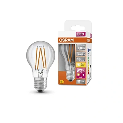 Afbeelding van OSRAM Star+ LED lamp met daglichtsensor, E27 basis Filament optiek,Warm wit (2700K), 806 Lumen, substituut voor 60W verlichtingsmiddel niet dimbaar, 4 Pak