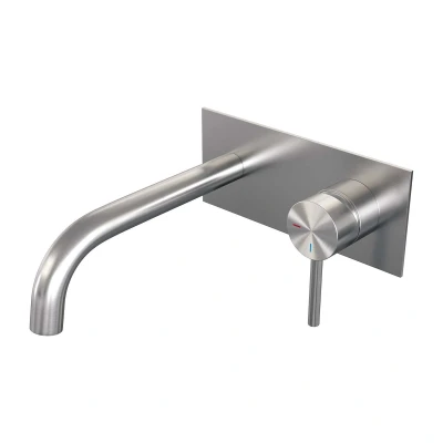 Afbeelding van Brauer Brushed Edition Wastafelmengkraan inbouw gebogen uitloop links hendel lang smal afdekplaat model A 1 PVD geborsteld RVS