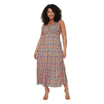 Afbeelding van Trendyol Veelkleurige A Lijn Bloemenpatroon V Hals Gebreide Plus Size Jurk Tbbss22Ah00010