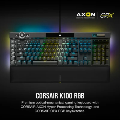 Afbeelding van Corsair K100 RGB Gaming toetsenbord (OPX optisch mechanische schakelaars: ultrasnel en lineair, PBT toetsen met dubbele injectie, Elgato Stream Deck integratie) AZERTY, zwart