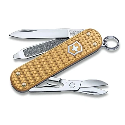 Afbeelding van Victorinox Zakmes Classic Precious Alox, 5 functies, Swiss Made, multitool met schaar, sleutelhanger, messing goud, incl. geschenkdoos
