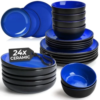 Afbeelding van MIAMIO 24 delig Servies voor 6 Personen/Steenwaren Inclusief Borden, Soepborden en Kommen Geschikt Magnetron &amp; Vaatwasser Le PaPillon Collectie (Blauw)