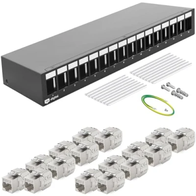 Afbeelding van HB DIGITAL Patchpaneel, 16 poorten netwerk patchveld, 1 HE + 16x CAT 7 Keystone Module RJ45 bus jack voor wandmontage compatibel met installatiekabel 5e 6 6a Ethernet LAN DSL, zwart