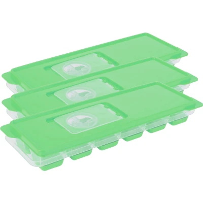 Afbeelding van Set van 3x stuks trays met ijsklontjes/ijsblokjes vormpjes 12 vakjes kunststof groen afsluitdeks IJsblokjesvormen