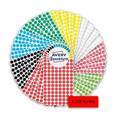 Afbeelding van AVERY Zweckform 59994 Zelfklevende markeringspunten, 3.328 stuks (diameter 8 mm, kleuren met elk 416 kleefpunten op 4 vellen, kleurcodering, ronde stickers voor kalender, planner en om te knutselen,