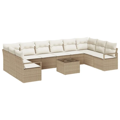 Afbeelding van vidaXL 11 delige Tuin Sofa Set met Kussens Bruin Poly Rattan, 2 Persoons Beige Rattan