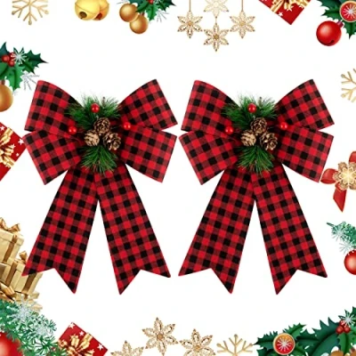 Afbeelding van COLOFALLA 2 stks Extra Grote Kerst Bogen Rood 22,8x33cm Buffalo Plaid Krans Met Pine Cone en Berry voor Deur Decoraties