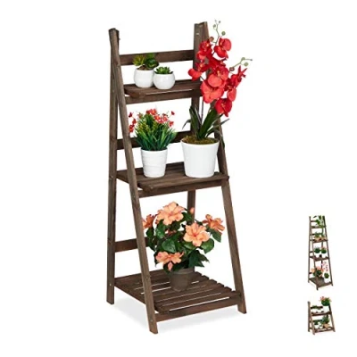 Afbeelding van Relaxdays plantenrek, 3 etages, plantenladder hout, klapbaar, bloemenrek, 108 x 41 40 cm, donkerbruin
