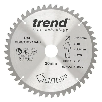 Afbeelding van Trend CraftPro crosscutting TCT zaagblad met negatieve haaksnede, 216 mm diameter x 48 tanden 30 asgat, wolfraamcarbide getipt, CSB/CC21648