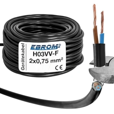 Afbeelding van EBROM Kunststof slangleiding rond, led kabel, stroomkabel, leiding, apparaatkabel H03VV F 2 x 0,75 mm², kleur: zwart, vele lengtes in stappen van 5 m tot 250 meter mm2, je kabellengte: