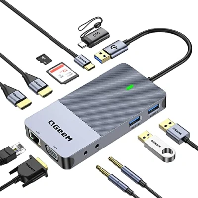 Afbeelding van QGeeM USB docking Station, drievoudige weergave hub Dubbele HDMI VGA adapter, draagbaar 3.0 dockstation compatibel met alle C en laptops