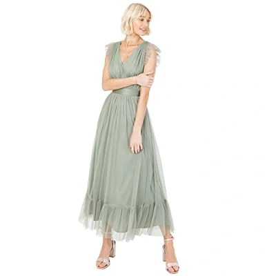 Afbeelding van Anaya with Love Maxi jurk voor dames, V hals, mouwloos, ruches, bruiloft, gast, bruidsmeisje, gala, lange hoge empire taille, gelaagd, Frosted Groen, 36