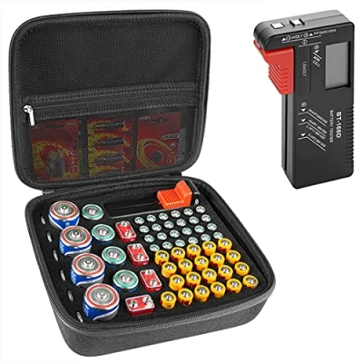 Afbeelding van Linkidea opslagcontainer voor harde batterijen, organizerbox met tester BT 168, veilig draagbare batterijhouder biedt plaats aan 63 verschillende maten AA AAA 9V CD batterijen batterijtester