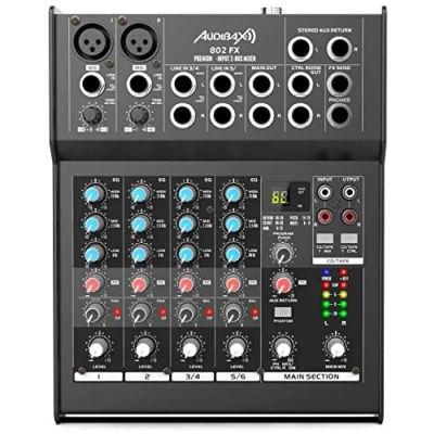 Afbeelding van Audibax 802 FX Soundmixer 6 kanaals audio mixer effect DSP met 79 programma&#039;s 2 ingangen stereo jack 3 bands equalizer voeding 48 V Phantom Power