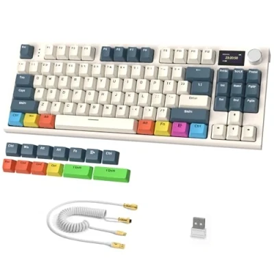 Afbeelding van RK86 Pro 75% Draadloos Mechanisch Toetsenbord, 2.4G/BT5.0/USB C Bedraad Tri mode Gamingtoetsenbord, QWERTY, 1,2&#039;&#039; TFT HD Kleurenscherm en Knob, RGB Backlit Hot Swap Linear Switch PBT Keycap Wit