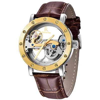 Afbeelding van Alienwork IK Automatisch Horloge Heren Dames Zilver Leren Armband Bruin Skelet Glasbodem