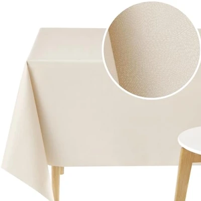 Afbeelding van KP HOME Crèmebeige PVC tafelkleed afwasbaar rechthoekig tafelzeil 98x55 inch 250x140 cm streepjeslijnen afveegbaar vinyl eetkamer of outdoor waterdicht groot plastic