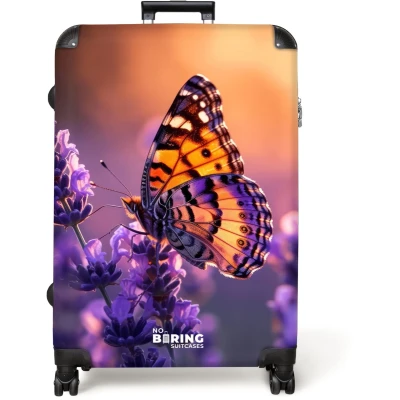 Afbeelding van NoBoringSuitcases.com® Koffer groot Reiskoffer lichtgewicht Vlinder op paarse lavendel Rolkoffer met 4 wielen Grote trolley XL 98 liter bagage