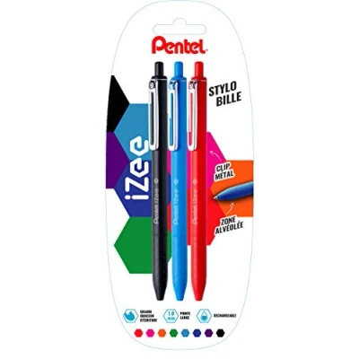 Afbeelding van Pentel 487301 iZee balpen met metalen clip, zwart/hemelsblauw/rood, 3 stuks