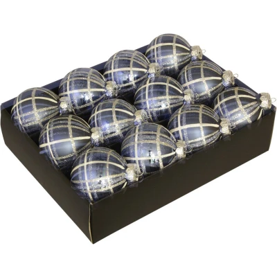 Afbeelding van Othmara Kerstballen 12st glas gedecoreerd donkerblauw 7,5 cm