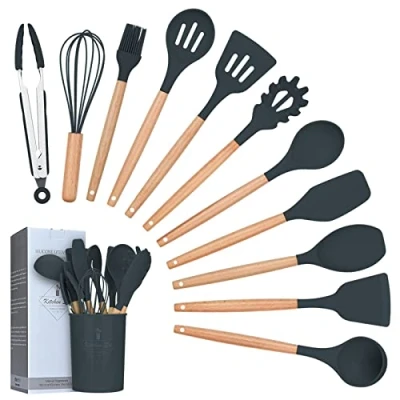 Afbeelding van Siliconen Kookgerei Keukengerei Set, 12 Stuks Natuurlijke Houten Handgrepen Koken Tool Bpa Gratis Niet Giftige Turner Tang Spatel Lepel Keuken Gadgets Gebruiksvoorwerp Set (Grijs)