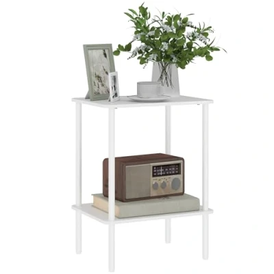 Afbeelding van HOMCOM Bijzettafel, vierkante koffietafel met 2 niveaus, salontafel metalen frame, moderne woonkamertafel, banktafel voor woonkamer, slaapkamer, 40 cm x 30 52,2 cm, wit