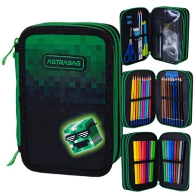 Afbeelding van ASTRA BAG Pixel Hero Pennenetui met 3 vakken, gevuld, drievoudig etui, studentenetui niveaus, XXL, etui accessoires, motief spel, Groen,