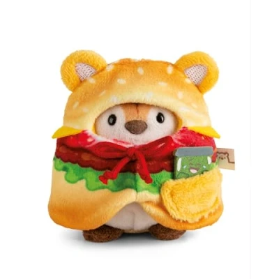 Afbeelding van Set knuffel tijger Tiggy 8cm met augurkenpot &amp; hamburger kostuum in geschenkverpakking beige Zacht pluche, schattig om mee te knuffelen en spelen, voor kinderen volwassenen 61656