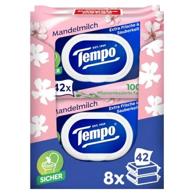 Afbeelding van Tempo Toilet papier vochtige amandelmelk &amp; panthenol, 16 stuks (8 x 2 42 stuks)
