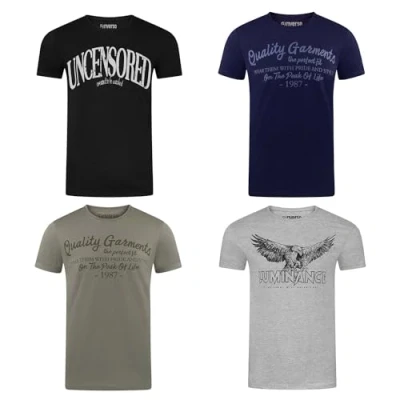 Afbeelding van riverso RIVLeon T shirt voor heren, pak met 4 stuks, ronde hals, korte mouwen, print, 100% katoen, regular fit, groen, blauw, wit, grijs, rood, oranje, S, M, L, XL, 2XL, 3XL, 4XL, 5XL, XL