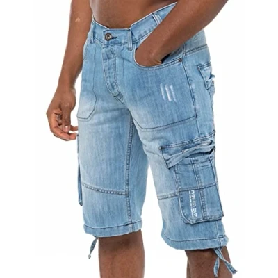Afbeelding van 989Zé ENZO Heren Shorts EZS404 Raw Combat Cargo Zakken Casual Knielengte Denim Halve Broek, Lichtblauw, 34W