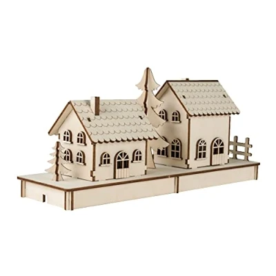 Afbeelding van Rayher Houten bouwset huisjes, 3D bouwpakket hout, FSC gecertificeerd, natuur, 31,7x9,4x14cm, set 52 delen, 46300000