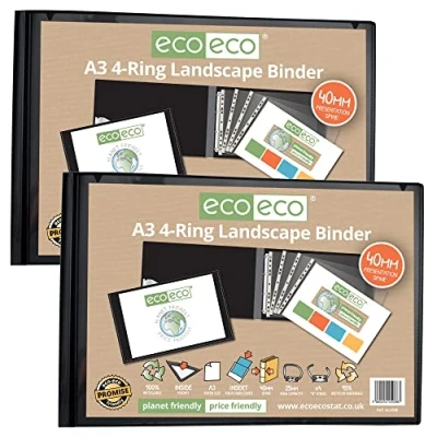 Afbeelding van eco A3 95% gerecycled 4 D Landschap Ring Binder File Folder Zwart, Artwork Portfolio, Pack van 2 mappen, eco088x2